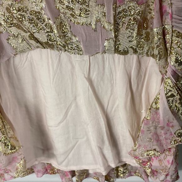 nwot HEMANT NANDITA Dress S Pink Floral Lyrics Tiered Smocked Puff-½-Sleeve Mini - Picture 15 of 16